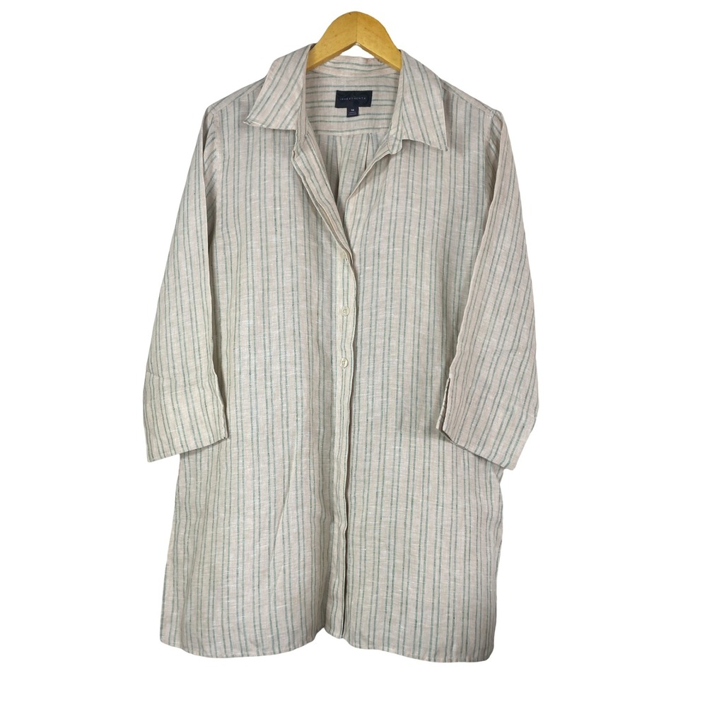 Investments 100% Linen Long Tunic Womens Size 16 Neutral Green Striped minamal